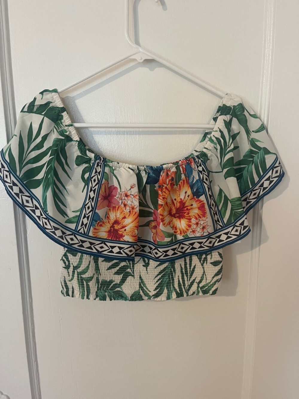 Jealous Tomato Tropical Floral Off-Shoulder Crop Top - Green, White & Yellow